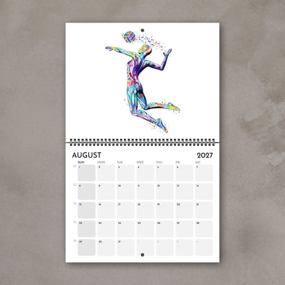 2027 anatomy watercolor wall art calendar August page displaying body muscles in volleyball, sports medical clinic decor