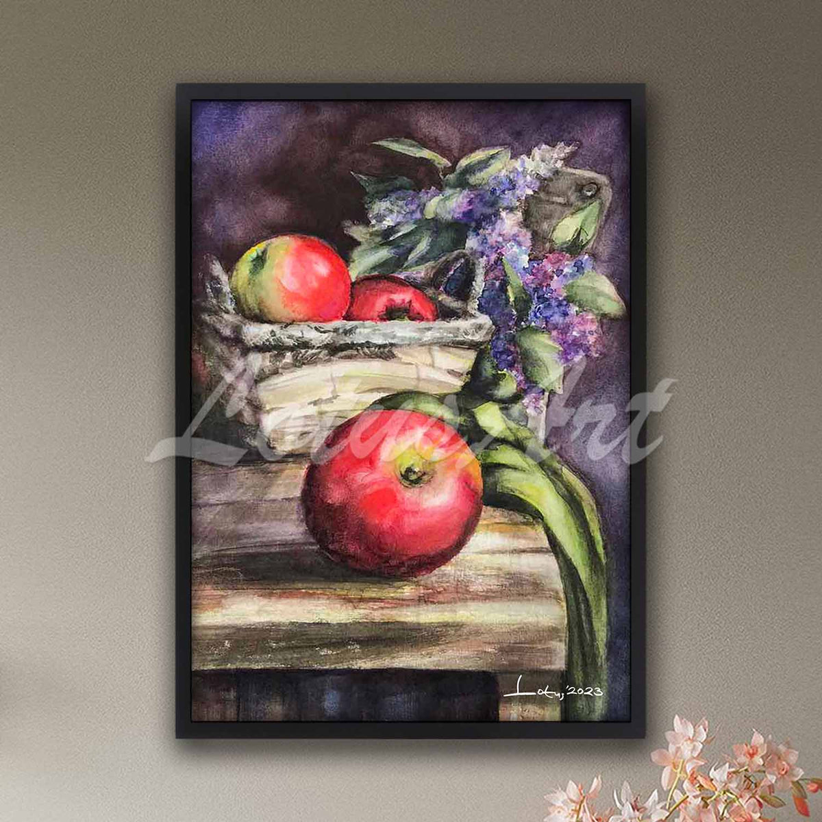 Apples fruit watercolor painting print in black frame, rustic kitchen wall decor & dining room art poster
