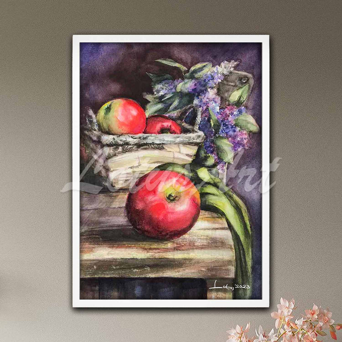 Apples watercolor still life art poster in white frame, farmhouse kitchen decor & fruit painting wall art