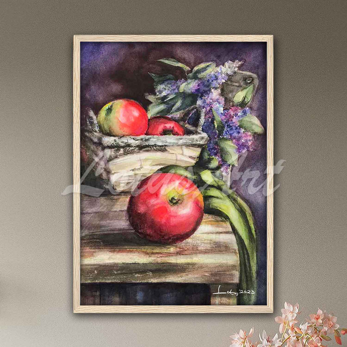 Apples watercolor still life fruit print in natural wood frame, kitchen wall art & farmhouse dining room poster