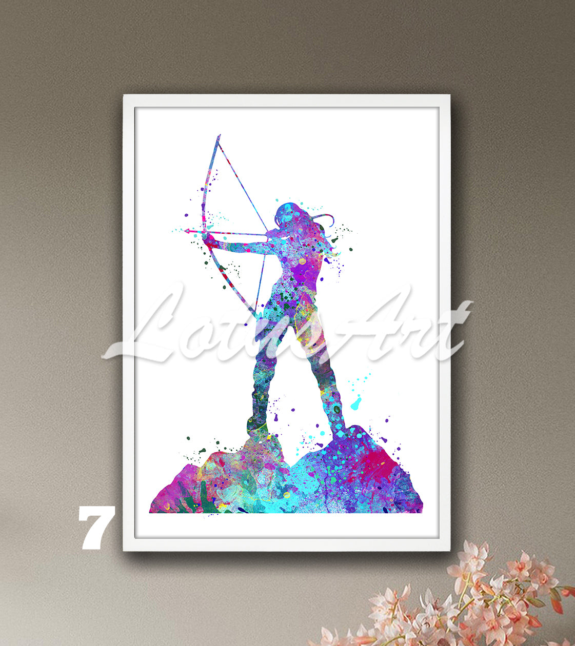 Archery girl sports art in blue purple tones - watercolor wall decor