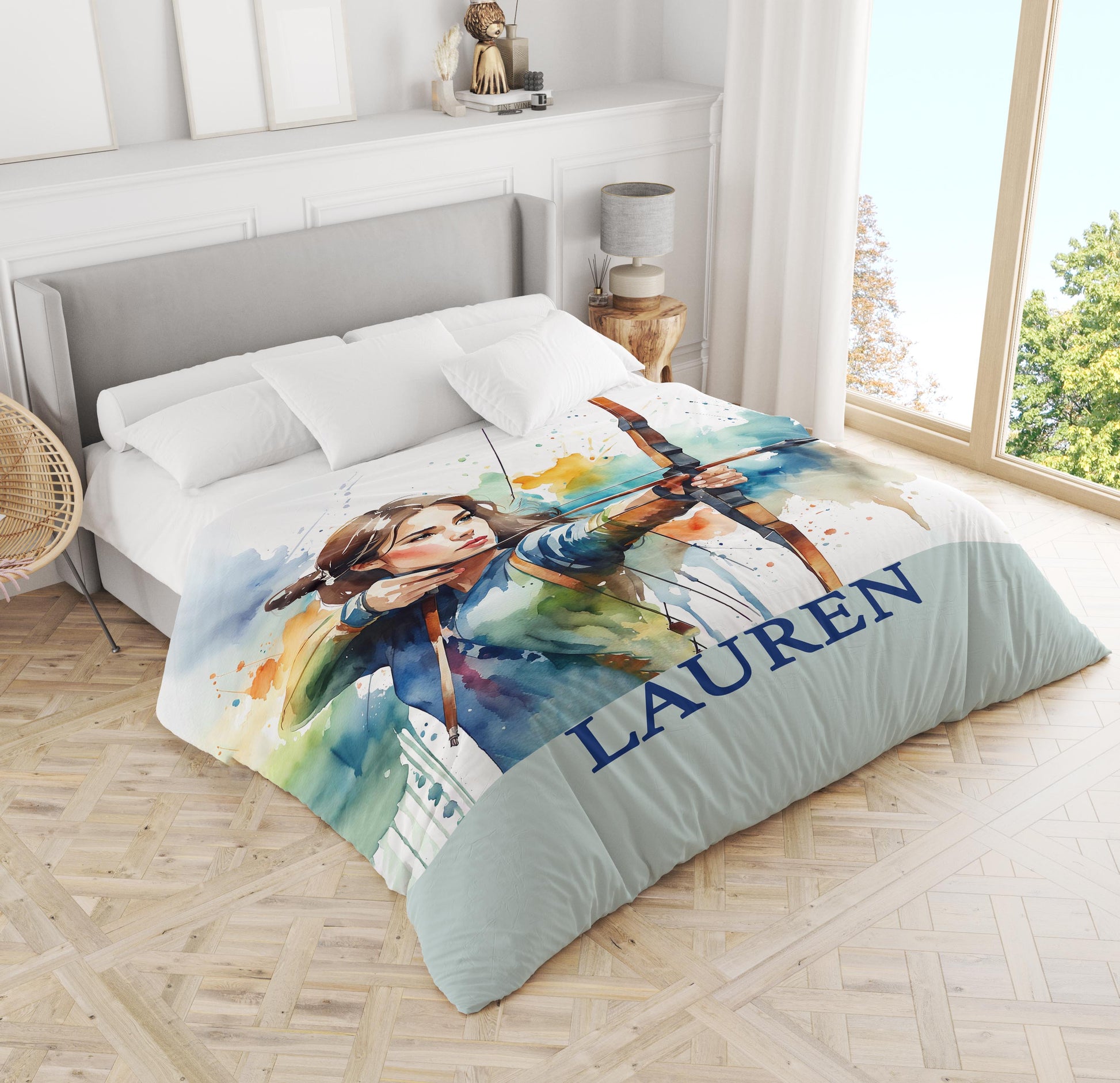 Archery girl duvet cover personalized sports bedding - watercolor decor in bright room