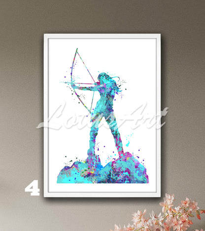 Archery girl watercolor sports decor - kids room wall art poster