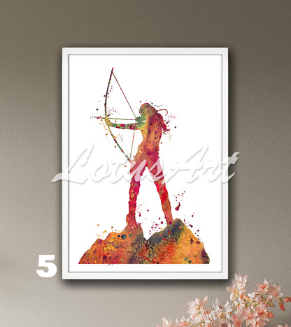 Archery girl watercolor sports wall art - colorful kids room decor