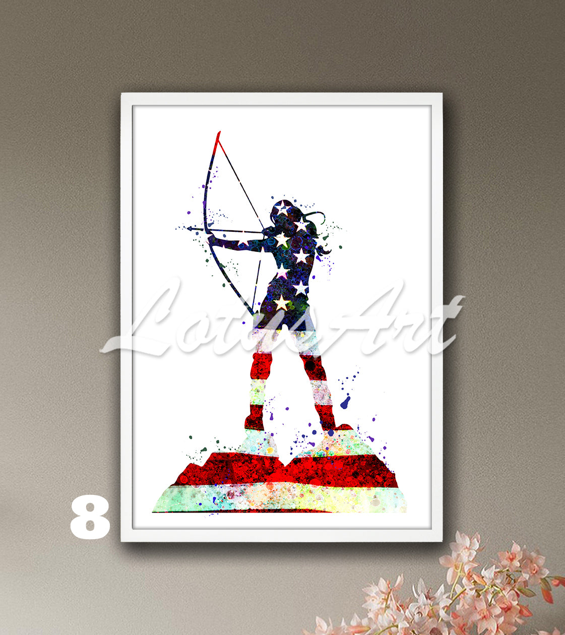 Archery girl sports wall art with USA flag - patriotic watercolor poster