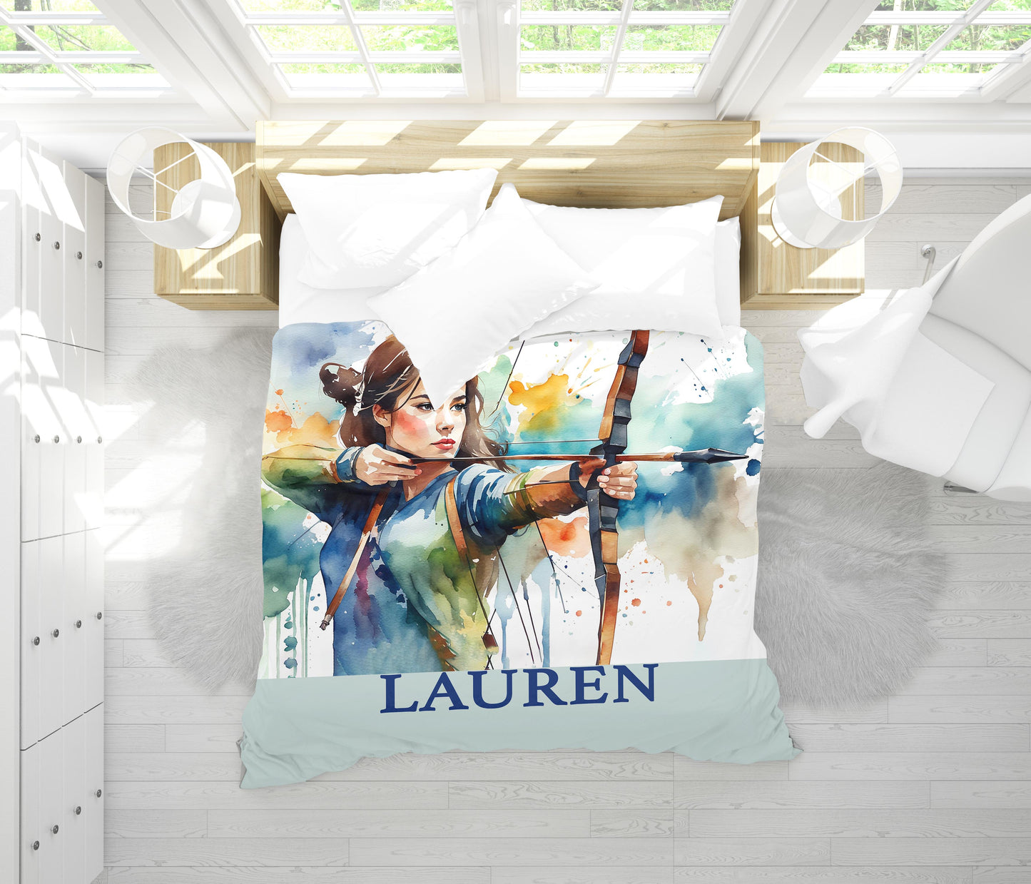 Archery girl watercolor comforter folded - archer gift on white table with custom name