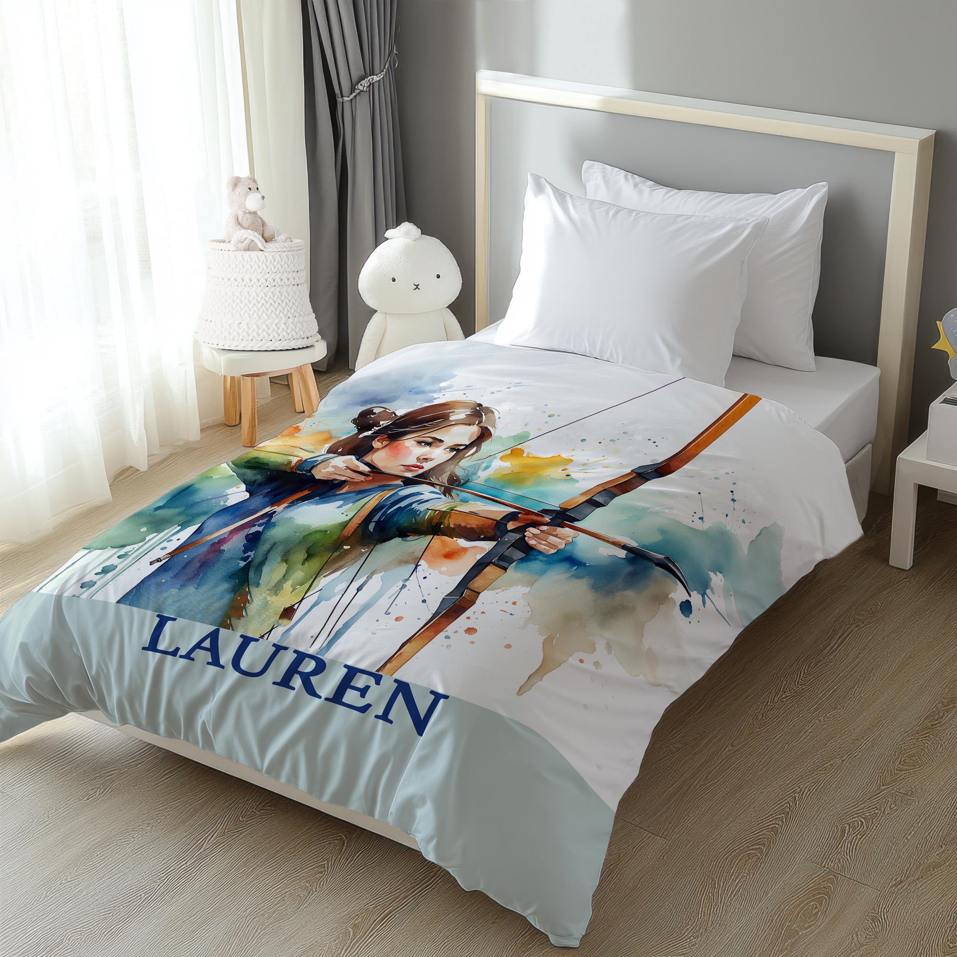 Archery girl watercolor duvet cover - custom name sports bedding art in light bedroom