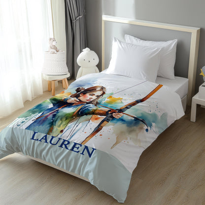 Archery girl watercolor duvet cover - custom name sports bedding art in light bedroom