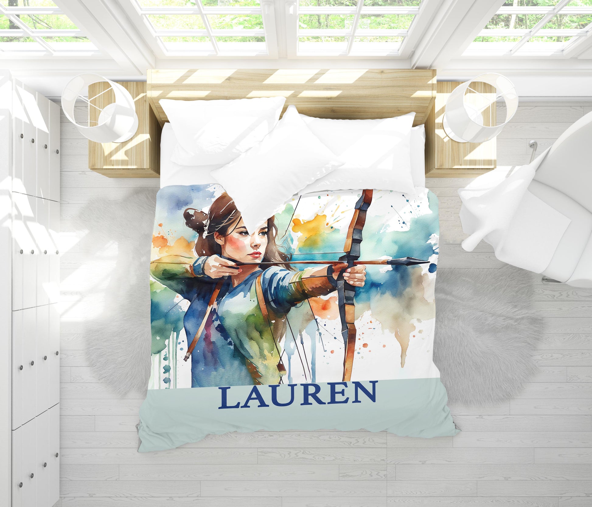 Archery girl watercolor duvet cover - personalized sports bedding print close-up