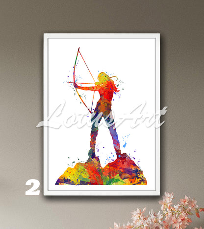 Archery girl watercolor sports art - colorful wall decor for kids room