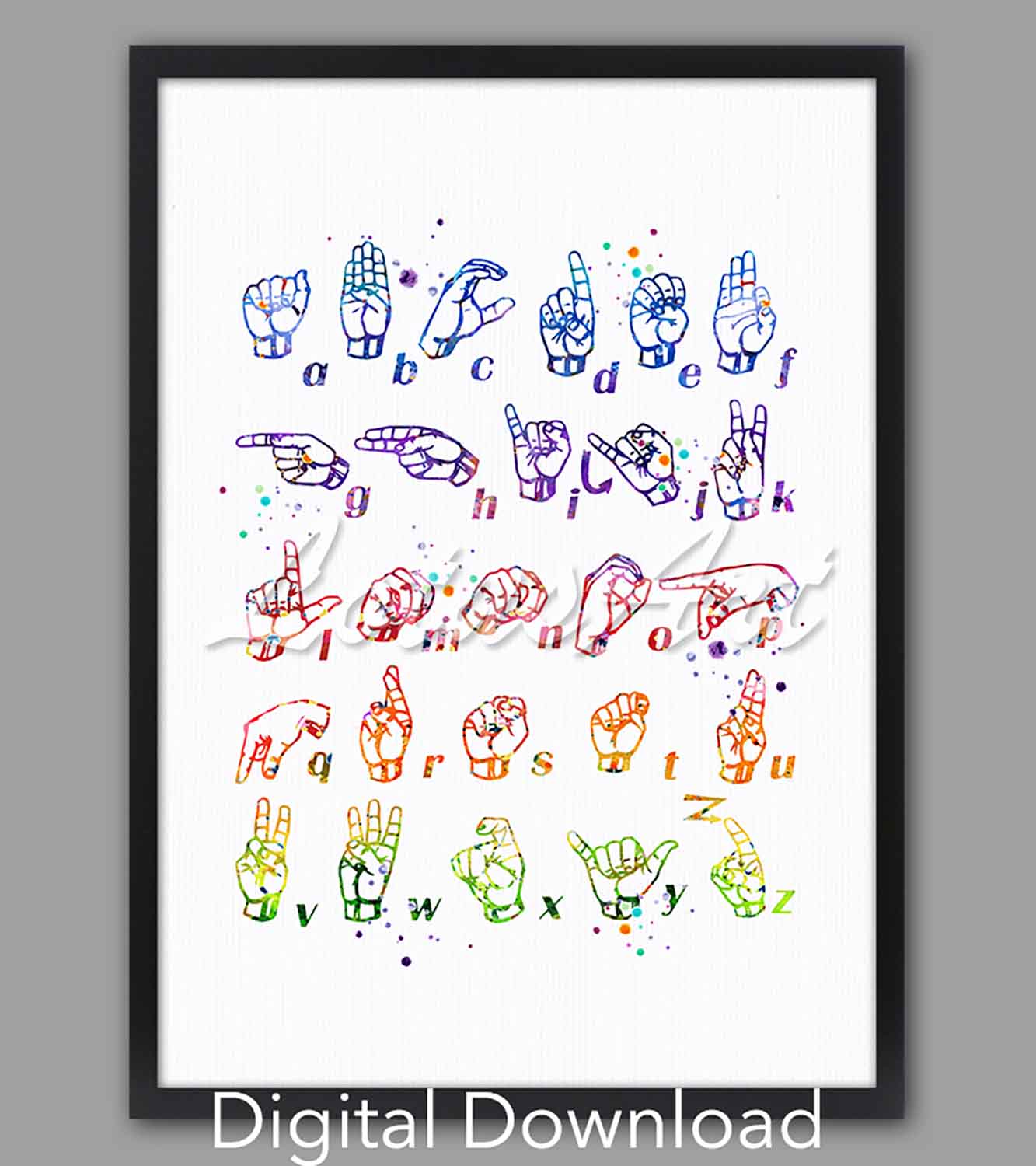 ASL fingerspelling chart instant digital download, watercolor illustration, sign language clinic wall art in rainbow tones