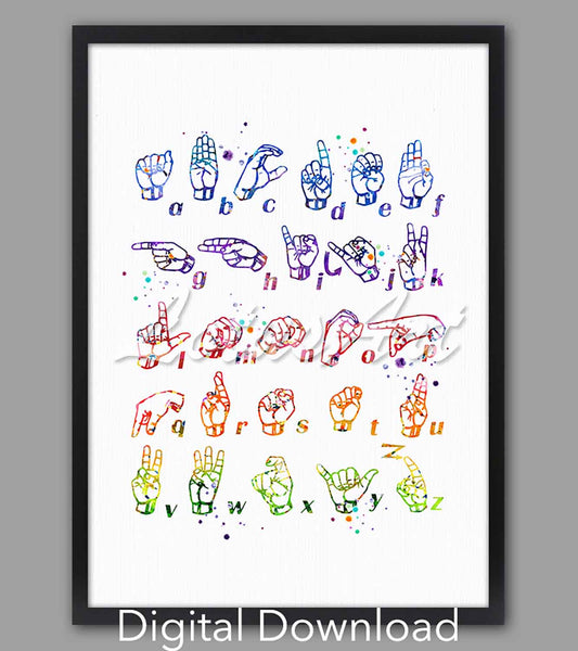 ASL fingerspelling chart instant digital download, watercolor illustration, sign language clinic wall art in rainbow tones