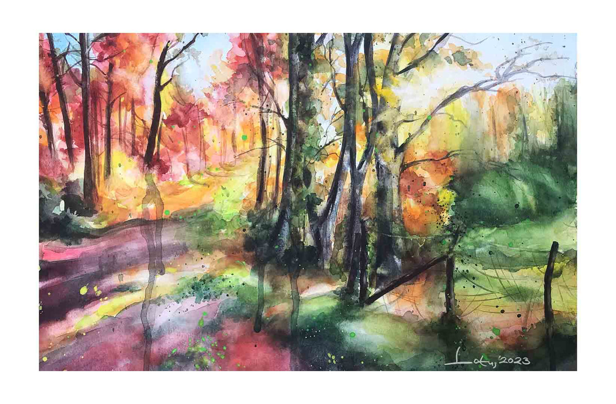 Watercolor painting of colorful autumn forest path with red orange & yellow trees - fall landscape wall art by Lotus Art