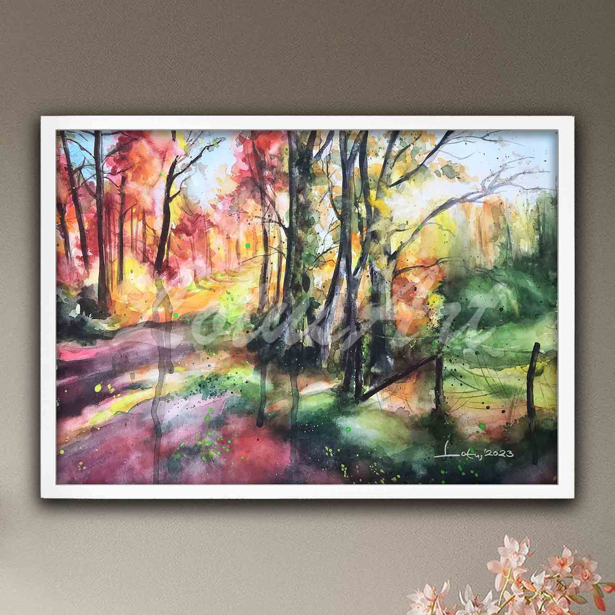 Autumn forest watercolor art print in white frame, multicolor nature landscape painting & trees decor poster