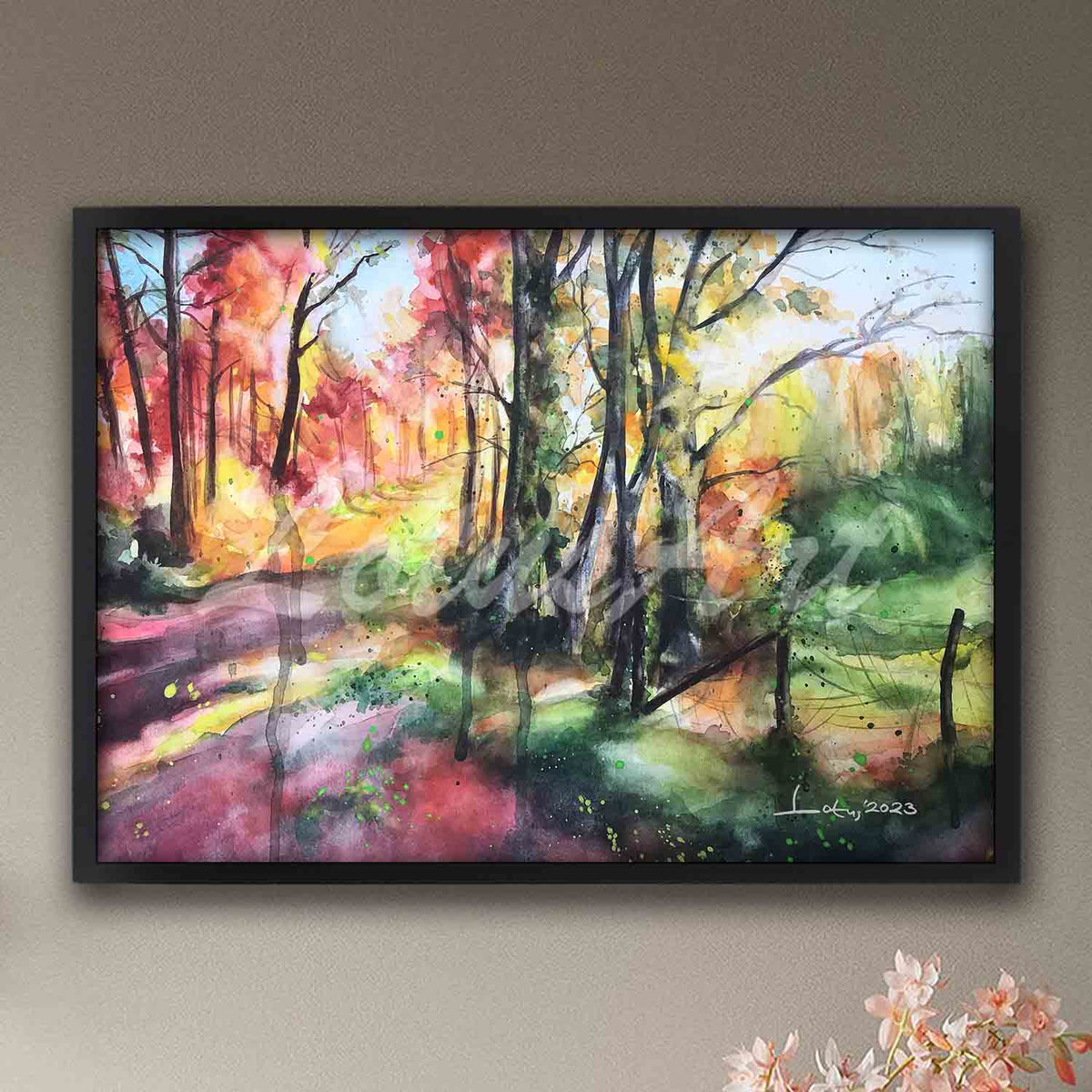 Autumn trees watercolor landscape poster in black frame, nature forest artwork & seasonal colorful decor print
