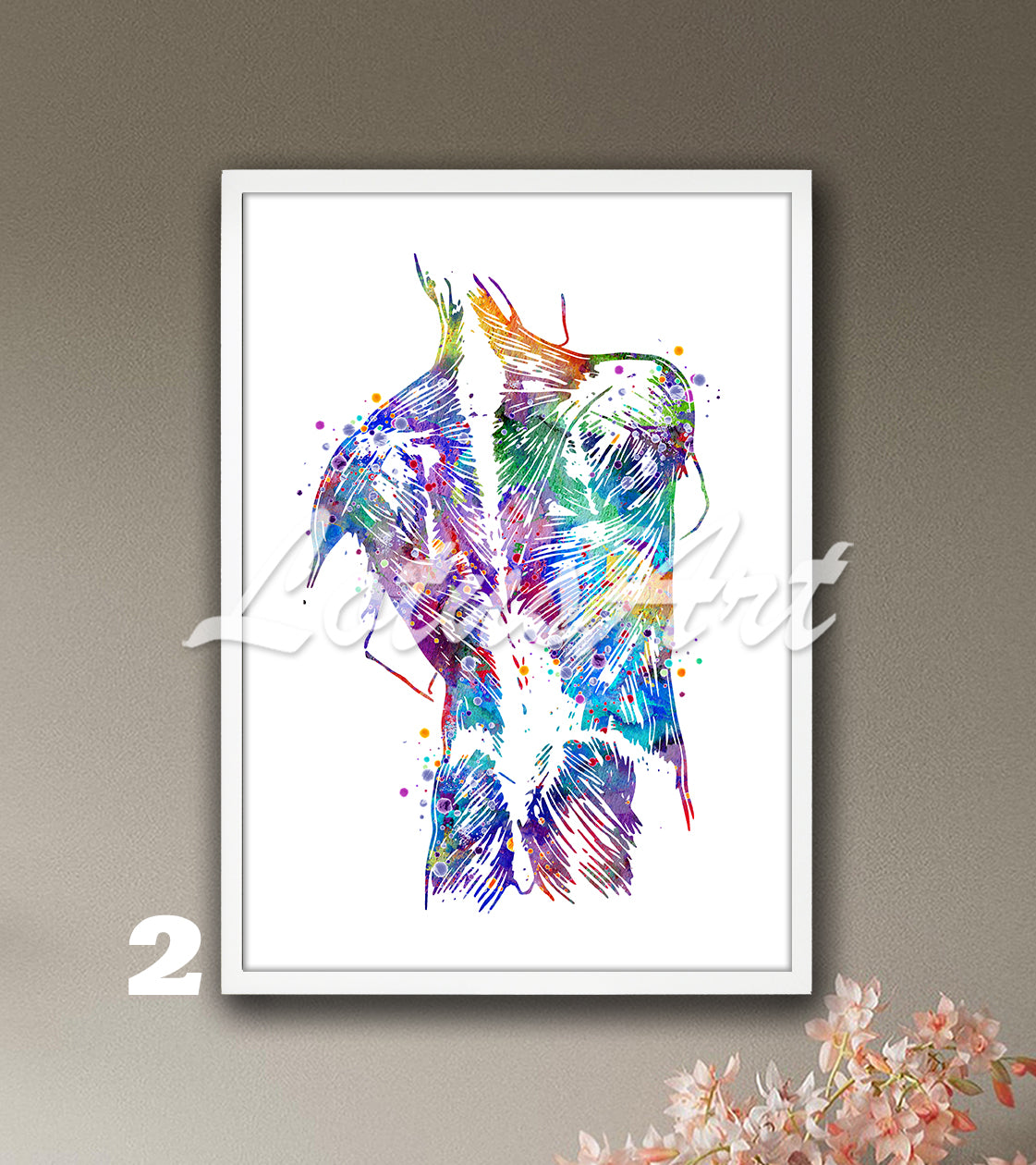 Human back muscles anatomy watercolor illustration, medical art print in blue- purple, clinic wall decor.