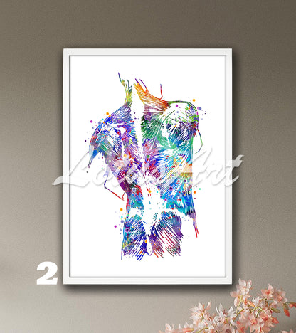 Human back muscles anatomy watercolor illustration, medical art print in blue- purple, clinic wall decor.