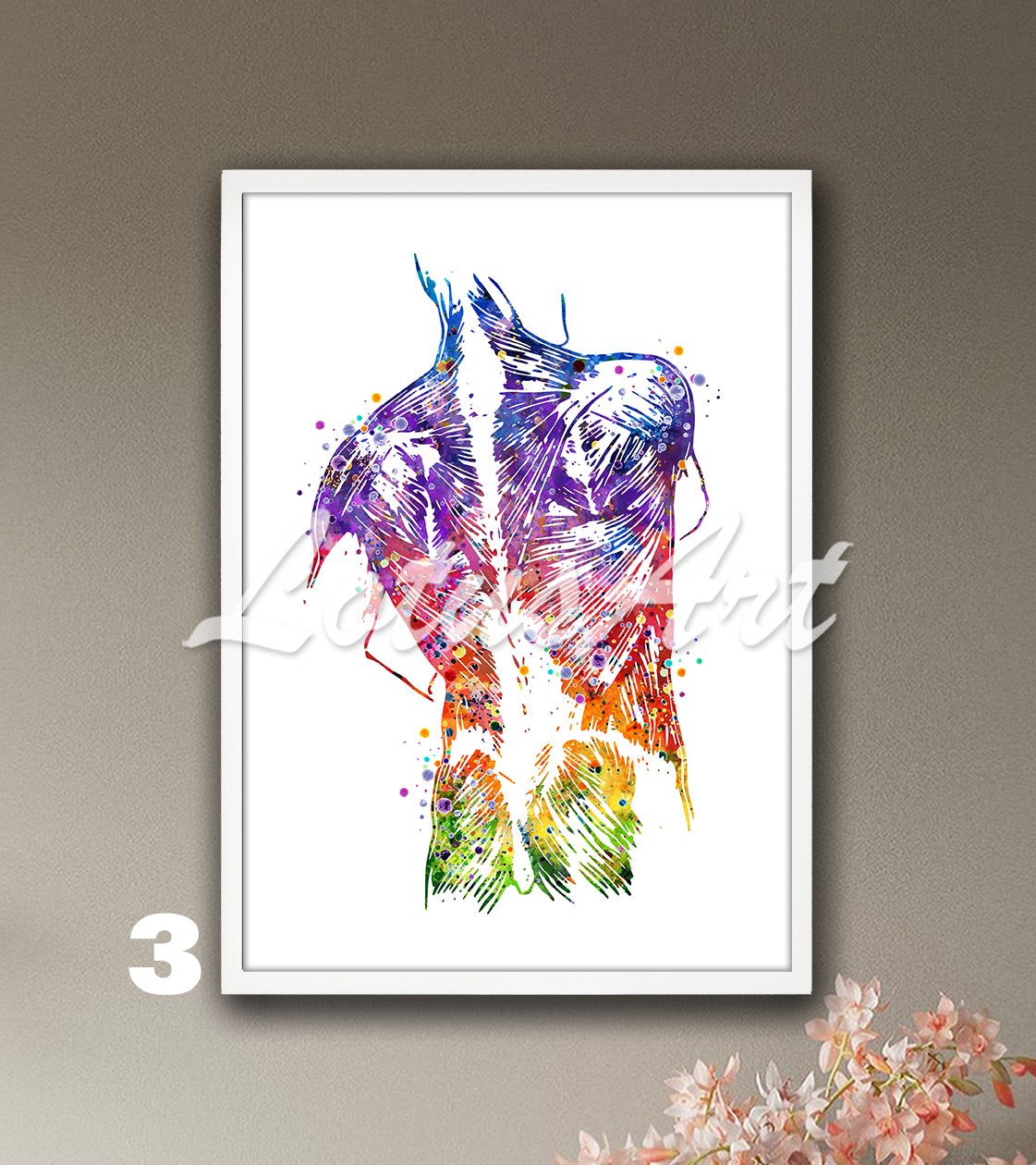 Watercolor artwork of human back muscles anatomy, medical art print in rainbow colors.