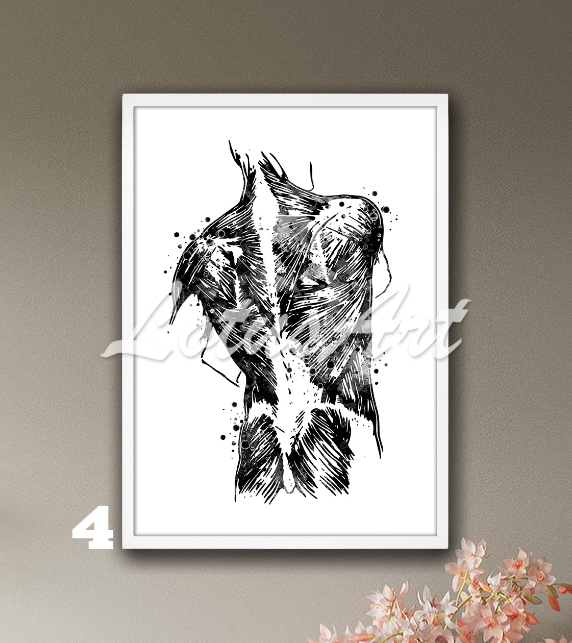 Anatomy art print of human back muscles, black- white medical wall decor, doctor office gift.