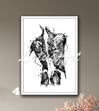 Anatomy art print of human back muscles, black- white medical wall decor, doctor office gift.
