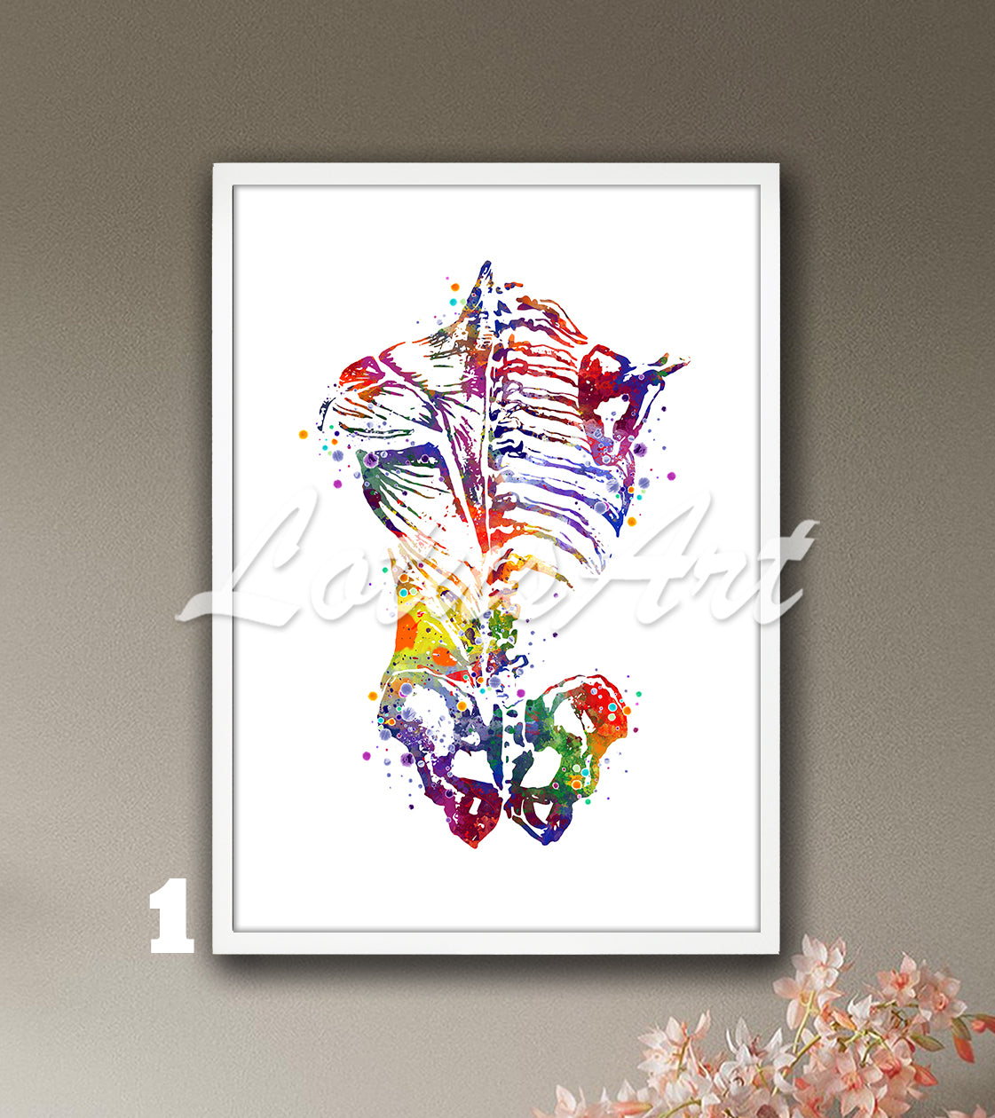 Anatomy watercolor art print of human back muscles, and bones, multicolor medical wall decor, doctor gift.
