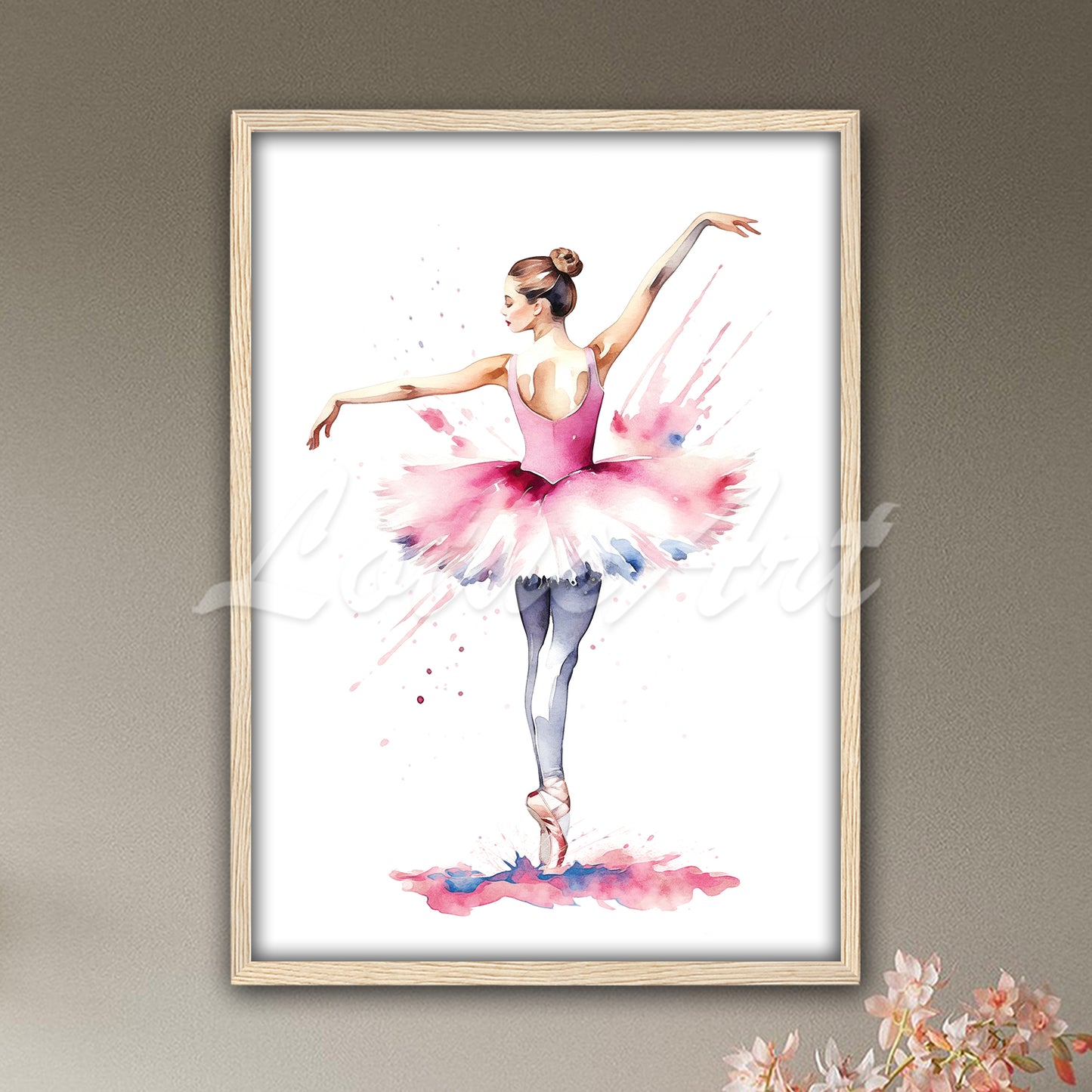 Ballerina in pink dress watercolor artwork in natural wood frame, elegant ballet dancer painting gift