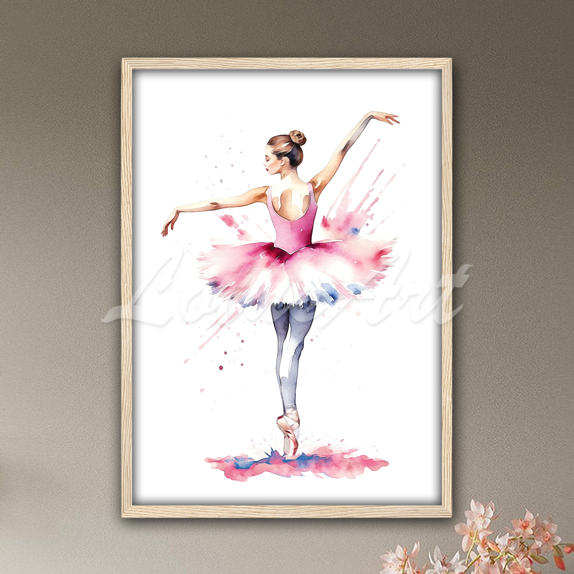 Ballerina in pink dress watercolor artwork in natural wood frame, elegant ballet dancer painting gift