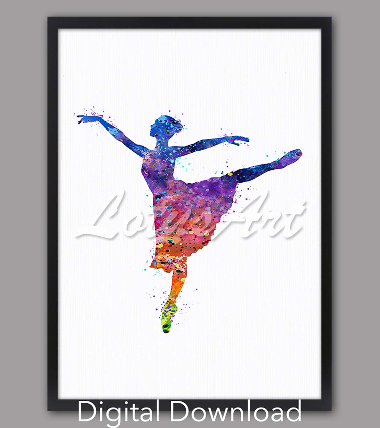 Ballerina watercolor art print digital download, colorful rainbow ballet dancer in dynamic pose, dance wall decor & gift
