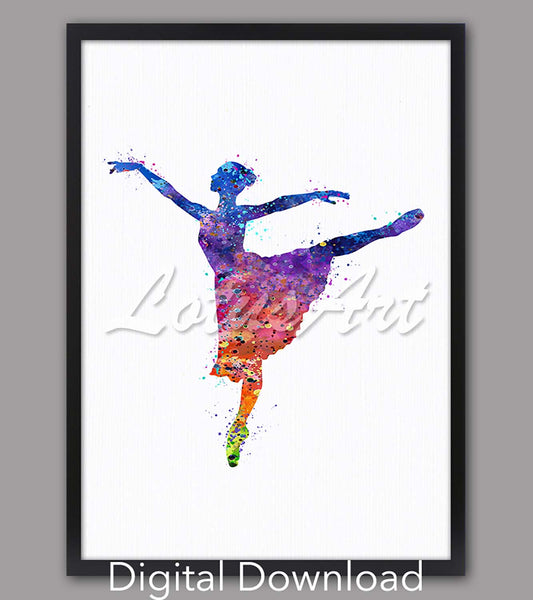 Ballerina watercolor art print digital download, colorful rainbow ballet dancer in dynamic pose, dance wall decor & gift