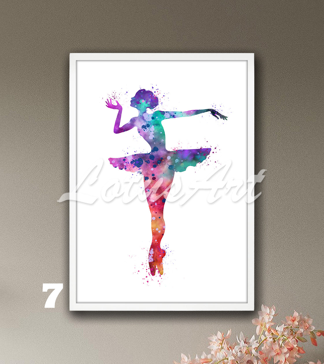 Ballerina watercolor wall art print for girls room in bright multicolor tones, colorful ballet dancer gift