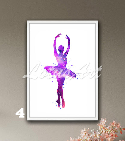 Ballerina watercolor wall art decor for girls room in purple and violet tones, ballet dancer painting gift