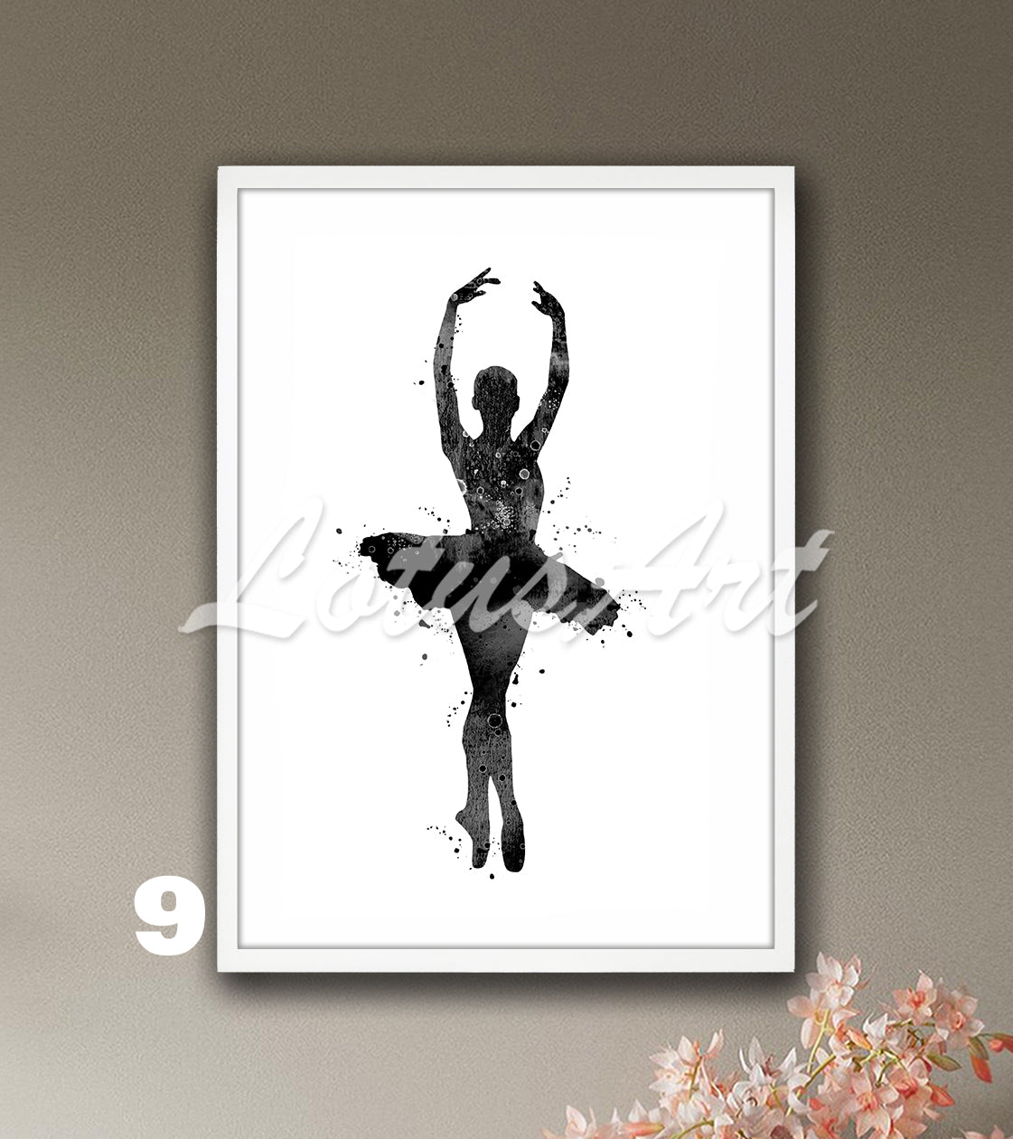 Black-white ballerina watercolor wall art poster for girls room, minimalist ballet dancer print gift
