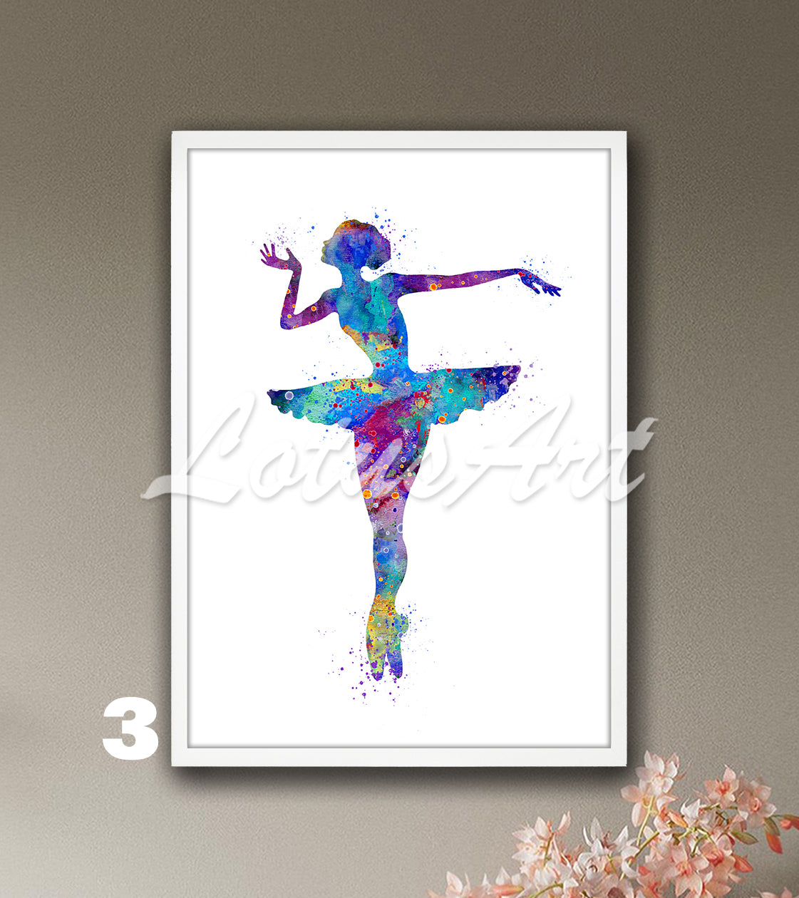Ballerina watercolor wall art print for girls room in blue and purple multicolor tones, ballet dancer decor gift