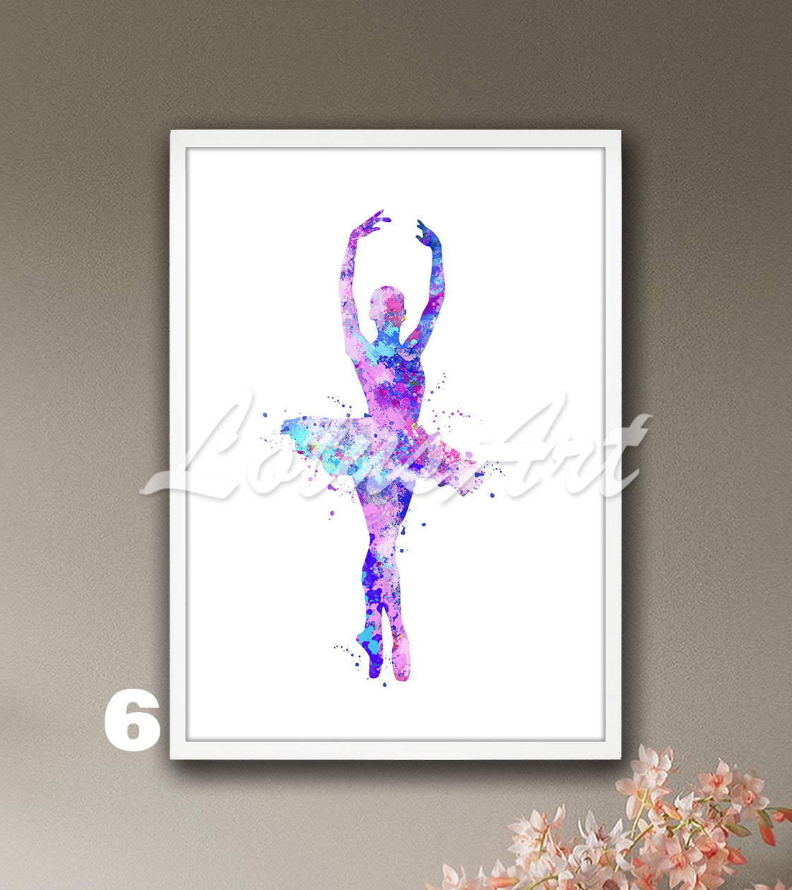 Ballerina watercolor wall art print for girls room in blue, purple and pink tones, ballet dancer gift