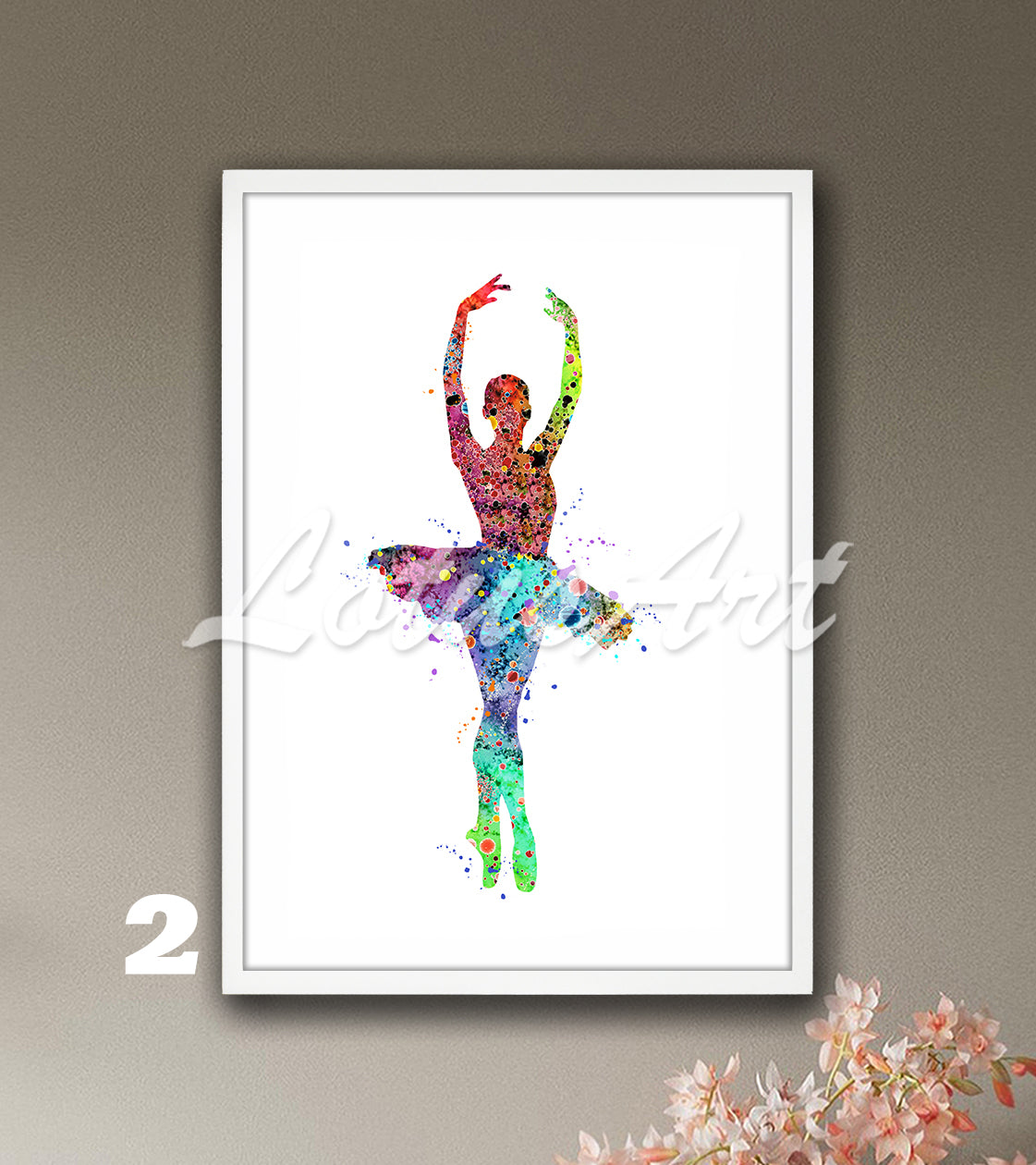 Ballerina watercolor painting for girls room in rainbow multicolor tones, ballet dancer decor gift