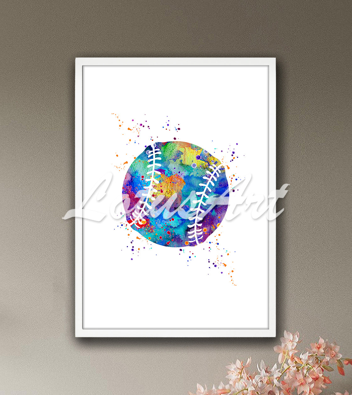 Baseball ball with stitches multicolor watercolor print - affordable kids room sports wall art