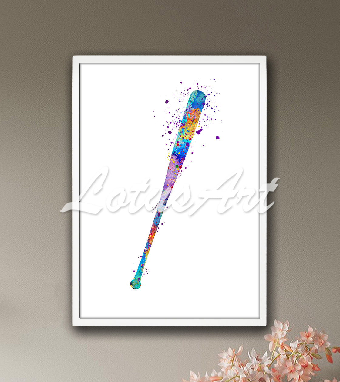 Baseball bat multicolor watercolor print - budget-friendly playroom sports decor