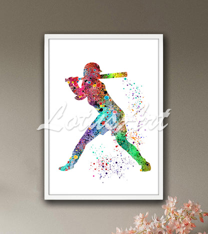 Baseball girl batter hitting ball vibrant multicolor watercolor print - kids room sports wall art