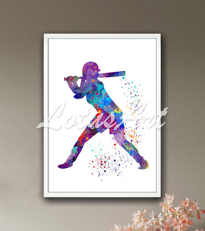 Baseball girl batter swinging bat multicolor watercolor print - training facility artwork