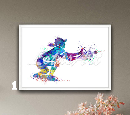 Baseball girl catcher crouching position vibrant multicolor watercolor - kids bedroom sports wall art