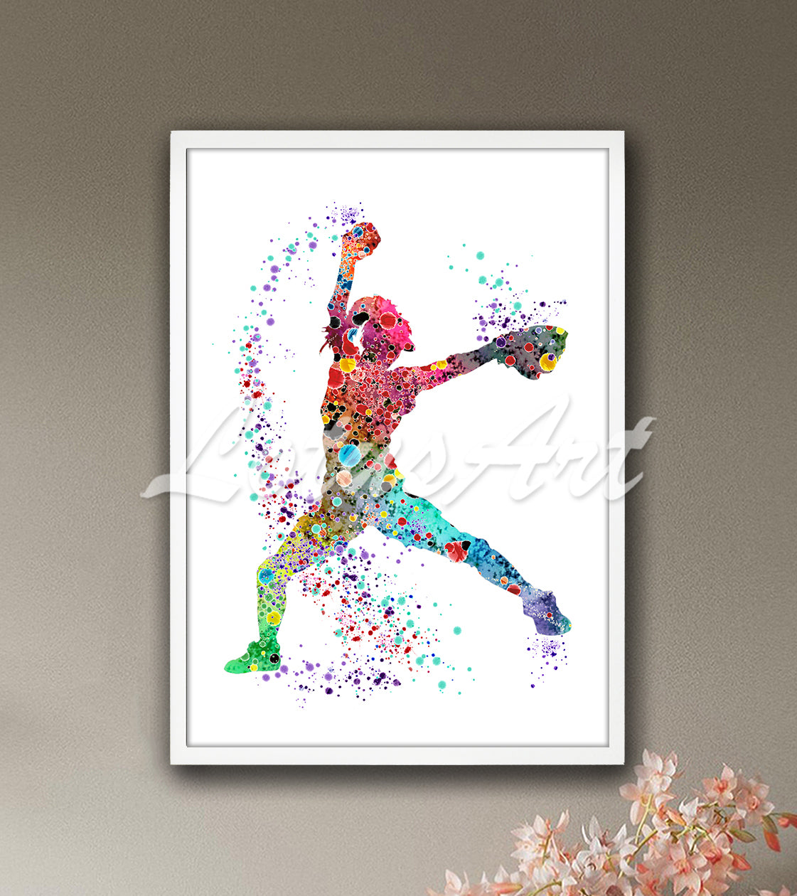 Baseball girl pitcher throwing ball colorful watercolor art print - teen bedroom sports decor