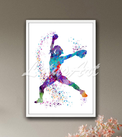 Baseball girl pitcher throwing motion colorful watercolor - playroom sports decor