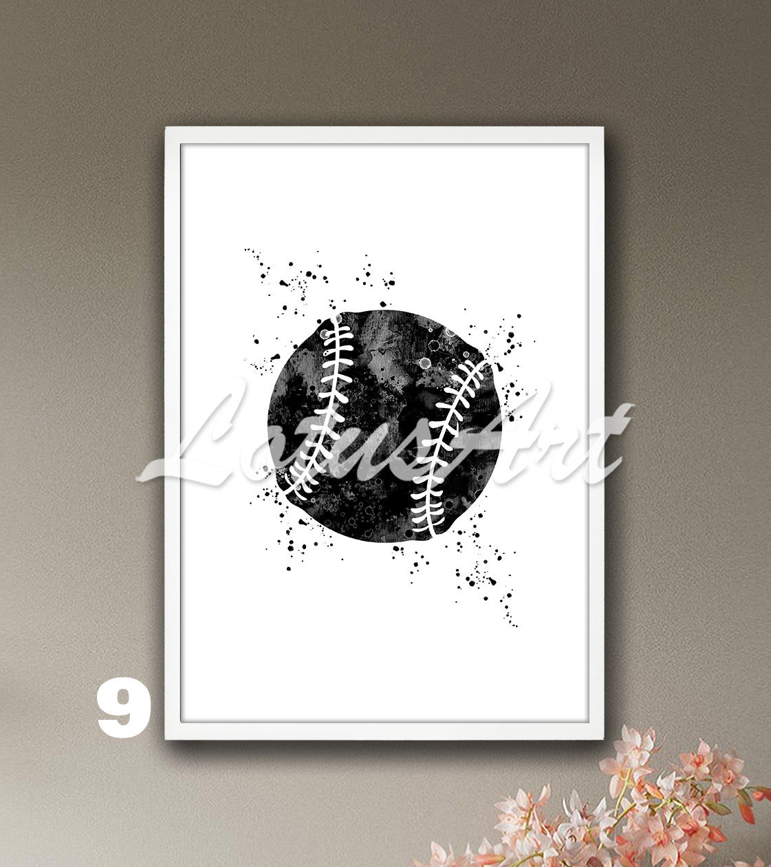 Sports art print depicting multicolored baseball - softball watercolor painting on a white background.