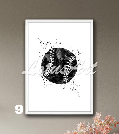 Sports art print depicting multicolored baseball - softball watercolor painting on a white background.