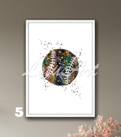 Sports art print depicting multicolored baseball - softball watercolor painting on a white background.
