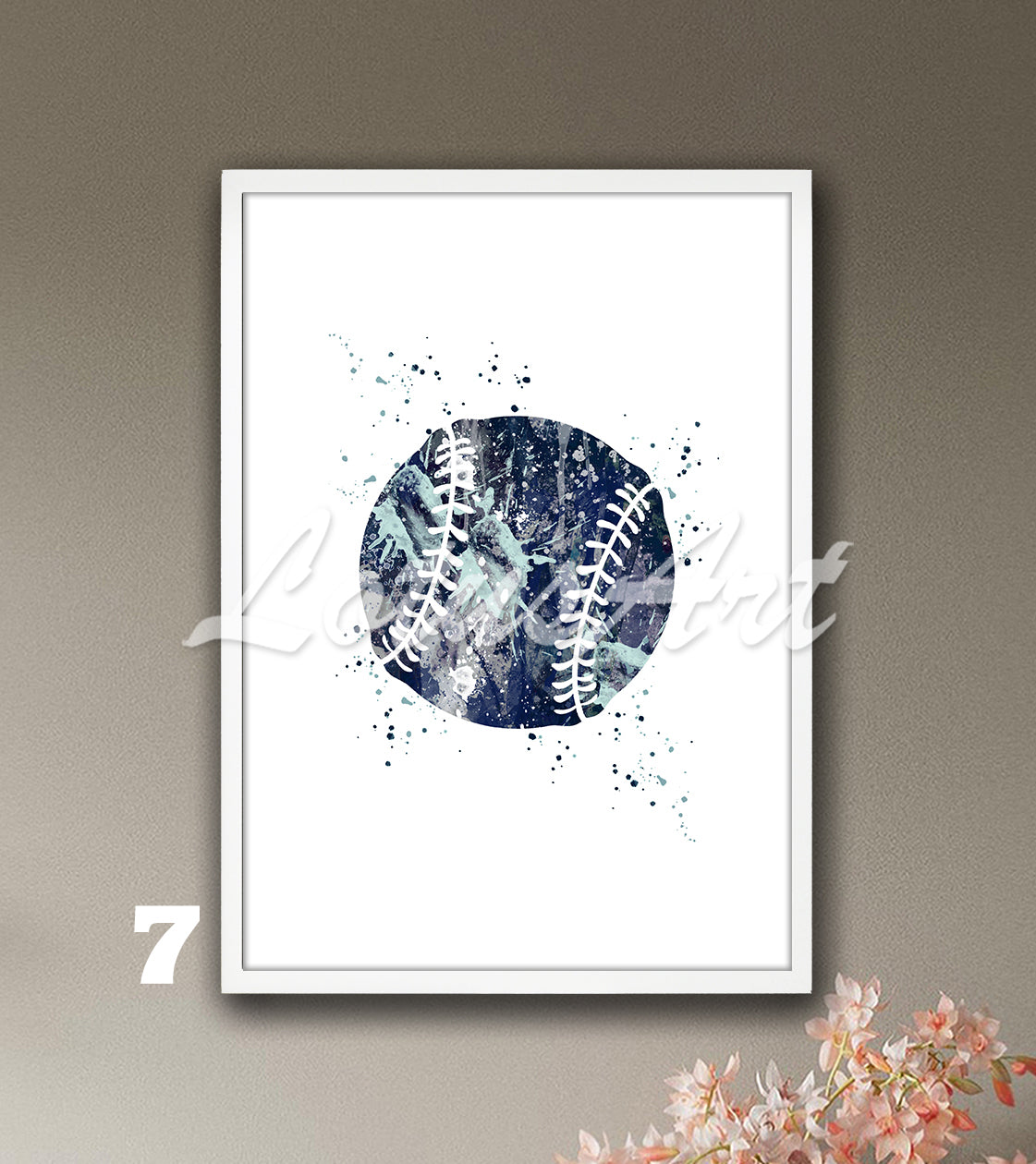 Sports art print depicting multicolored baseball - softball watercolor painting on a white background.