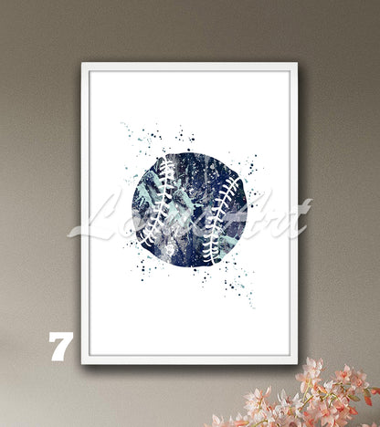 Sports art print depicting multicolored baseball - softball watercolor painting on a white background.