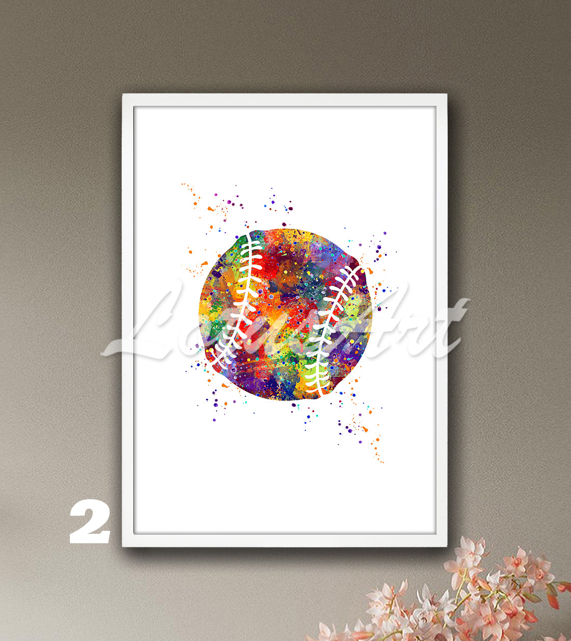 Sports art print depicting multicolored baseball - softball watercolor painting on a white background.