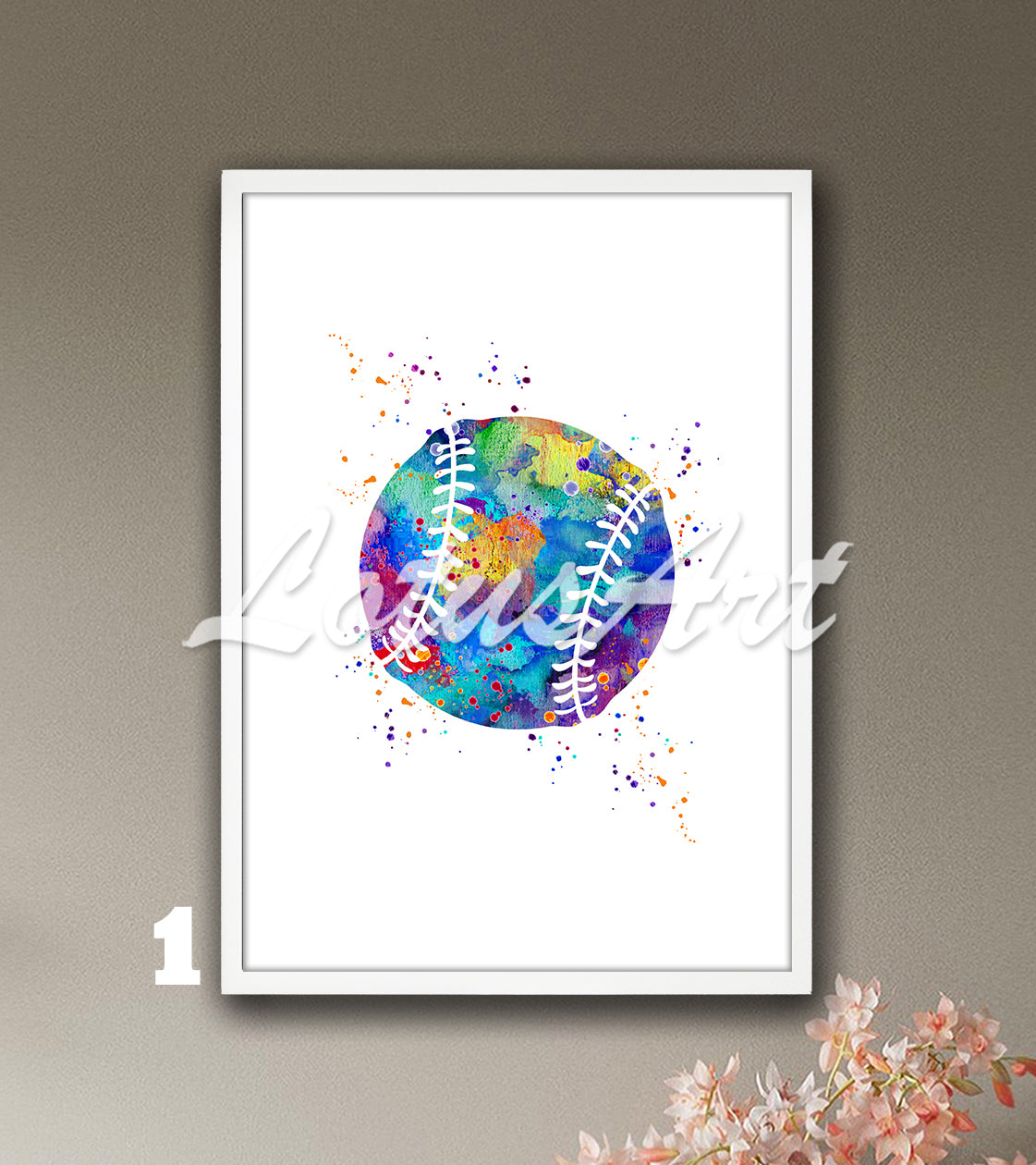 Sports art print depicting multicolored baseball - softball watercolor painting on a white background.