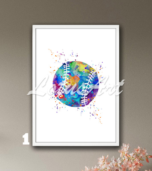 Sports art print depicting multicolored baseball - softball watercolor painting on a white background.